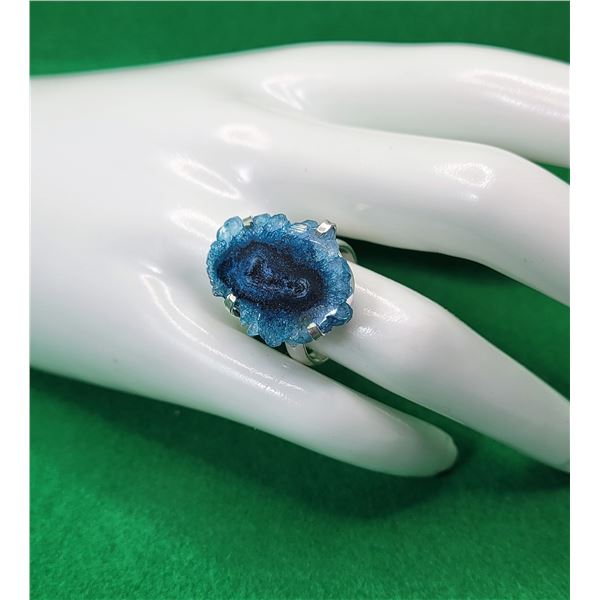 8)  BLUE SOLAR QUARTZ RING SET IN 925 STAMPED