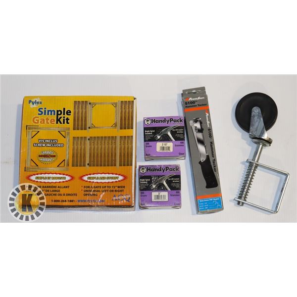 BOX OF GATE KIT, HAMMER TACKER, NAILS AND MORE