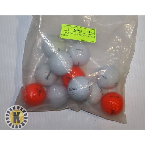 11 GOLF BALLS- ASSORTED BRANDS, 2 COLOR