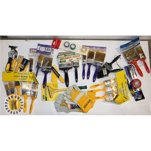 FLAT BOX OF PAINTING TOOLS- NEW AND ESTATE