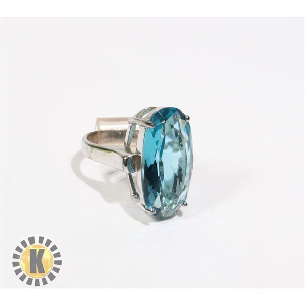 925-106 .925 SILVER BAND W/ LARGE AQUA JEWEL RING