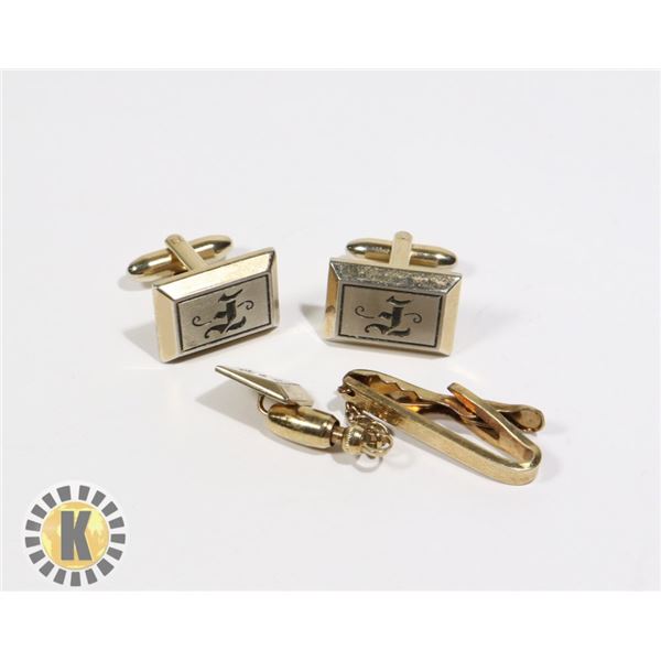 955-117 GOLD TONE CUFF LINKS W/ TIE PIN "F" ON FACE