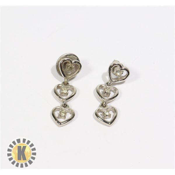 955-107 SILVER TONE 3 HEART DANGLE EARRINGS W/ CRYSTAL