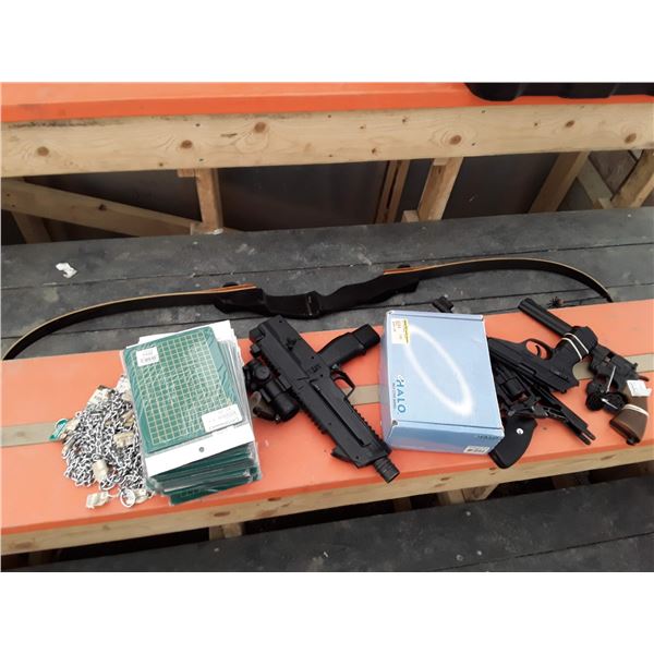 460 --  Lot of Pellet guns, Bow, Dog chains, and More