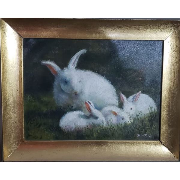 Very Antique Rabbits Landscape -Oil canvas painting / Signed