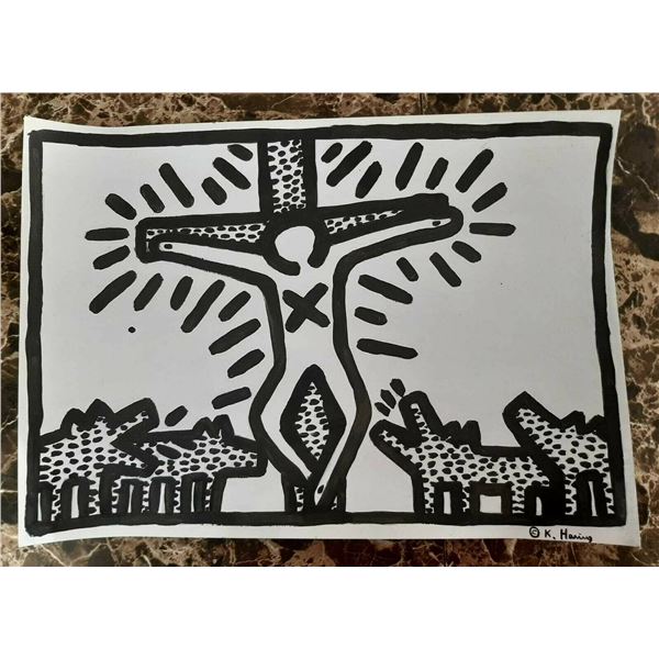 Américan Pop Art: KEITH HARING - Signed Oil Painting Cardboard / reverse Stamp