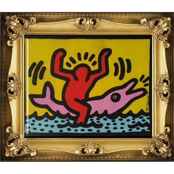 American POP Art - KEITH HARING - Cardboard Oil Painted - Signed / Stamped