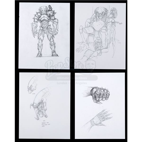 Lot # 471: AVP: ALIEN VS. PREDATOR (2004) - Four Hand-Drawn Predator and Predalien Concept Sketches