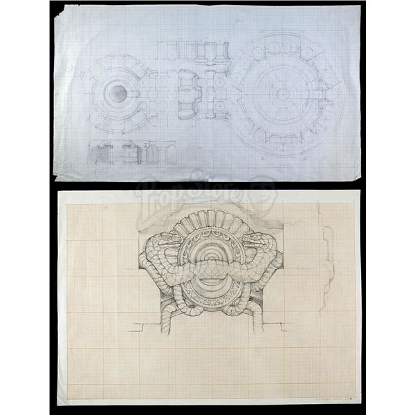 Lot # 588: CONAN THE BARBARIAN (1982) - Hand-Drawn Ron Cobb Temple of Set Concept Sketches