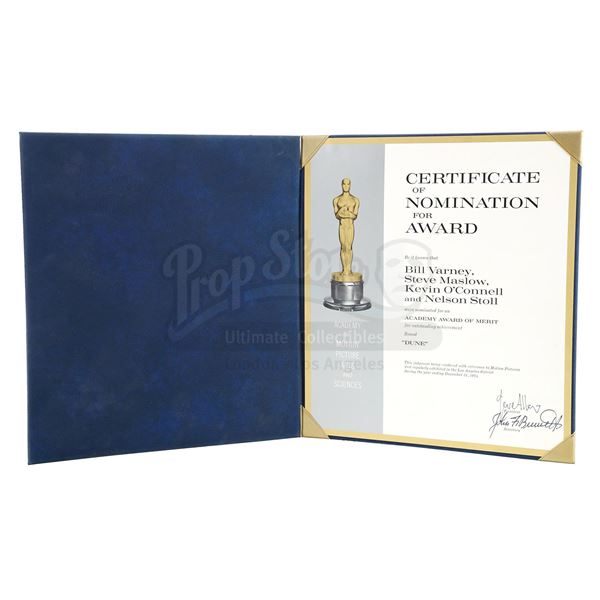 Lot # 636: DUNE (1984) - Academy Award Nomination Certificate