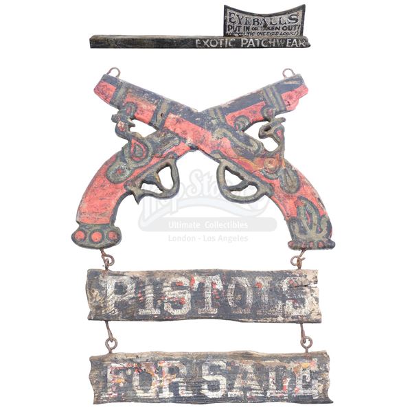 Lot # 745: HOOK (1991) - "Exotic Patchwear" and "Pistols For Sale" Pirate Town Signs