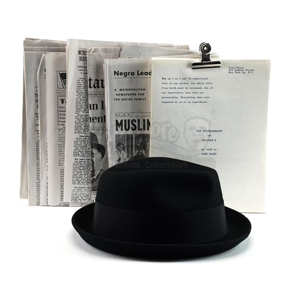 Lot # 935: ONE NIGHT IN MIAMI (2020) - Malcolm X's (Kingsley Ben-Adir) Hat, Newspapers and Manuscrip