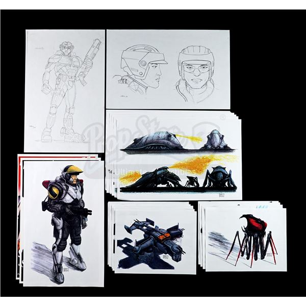 Lot # 1260: STARSHIP TROOPERS (1997) - Pair of Hand-Drawn Mobile Infantry Sketches and Printed Tippe