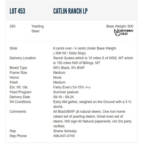 Catlin Ranch LP - 250 Steers  / Base Weight: 900