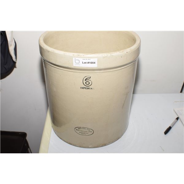 6 GALLON MEDALTA POTTERY OPEN CROCK , HAIRLINE ON BASE