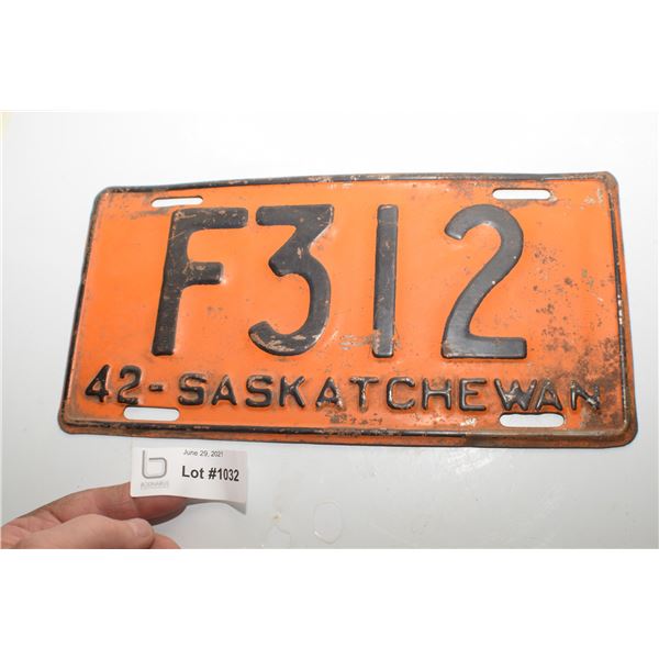 1942 SASKATCHEWAN 3 DIGIT FARM LICENSE PLATE