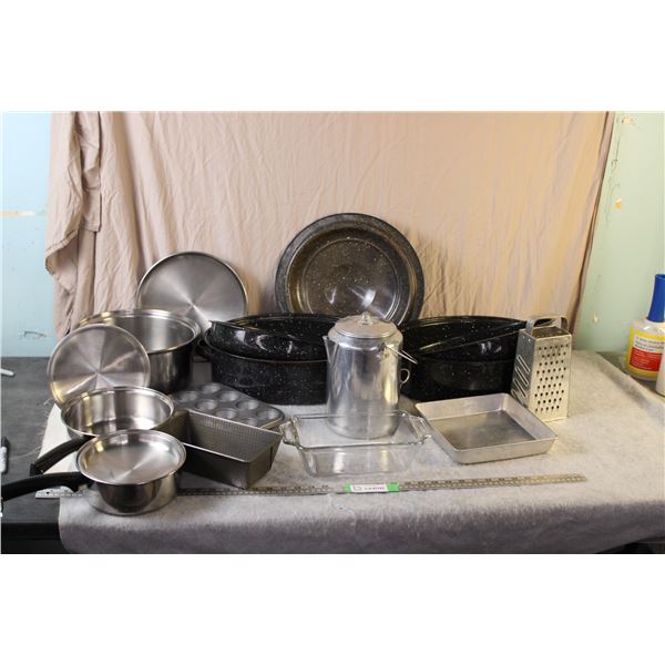 Baking Pans, Enamel Roasters (one has holes) pots + coffee perk