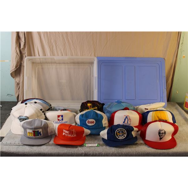 Plastic Rubbermaid Container with various vintage hats