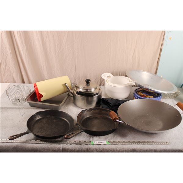 2 cast iron frying pans + wok + misc kitchenware