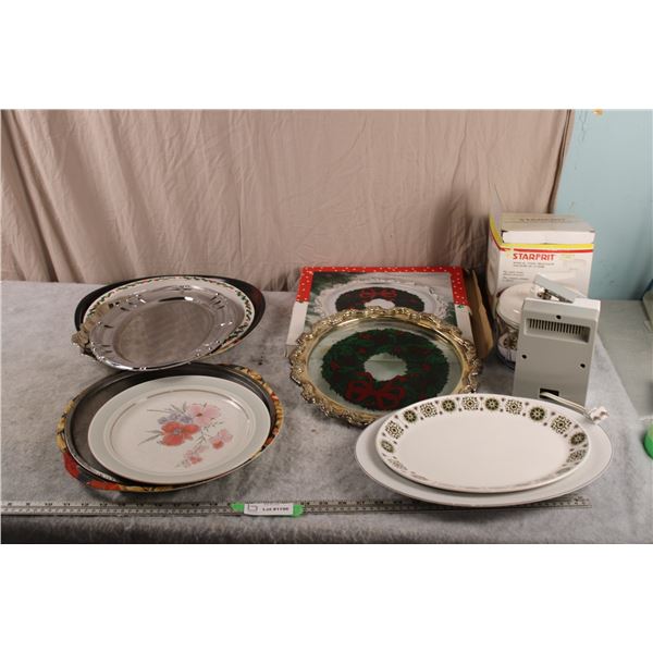 Serving trays (Some seasonal) + food processor and can opener