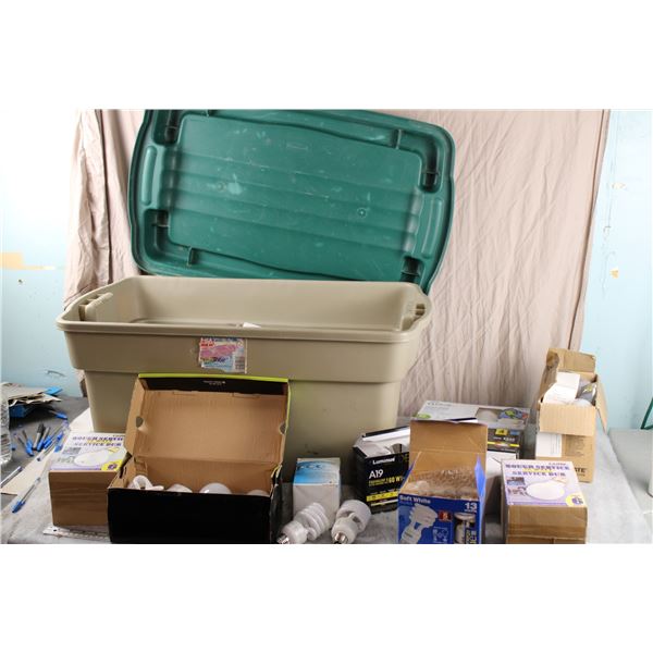 Plastic Tote with Lot of Light Bulbs - some new and some used, all types