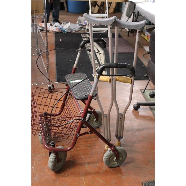 Vintage walker with basket - one working brake + pair of crutches