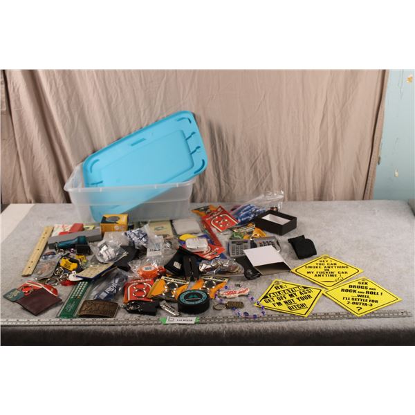 Small Tote of stationary items - keychains + pocket knives, misc