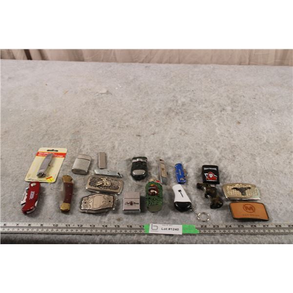 Misc Lighters + Belt Buckles + pocket knifes