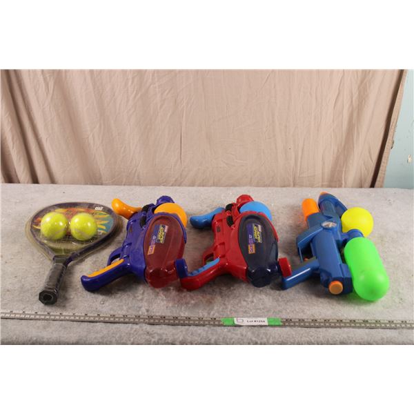 Toy water guns and kids tennis racquet