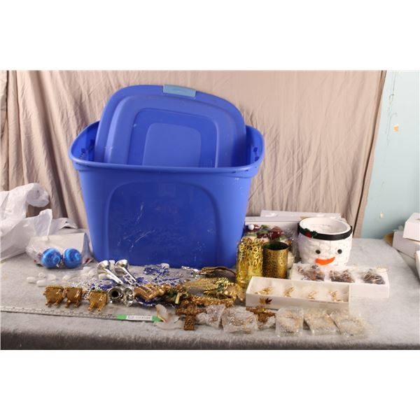 Plastic Tote filled with Christmas Decor + Snowman Peppermint Tray