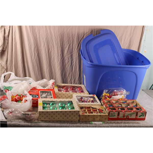 Plastic Tote with Christmas Tree Bulbs + decorations