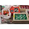 Image 3 : Plastic Tote with Christmas Tree Bulbs + decorations