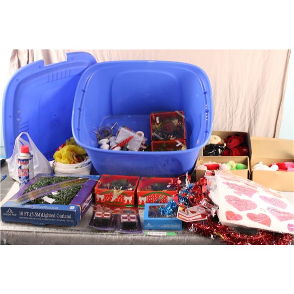 Plastic Tote filled with Christmas + Valentines Decorations