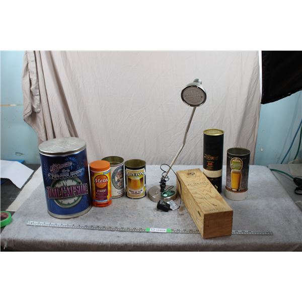 LED Light (works) + Sealed Metamucil + various drink tins