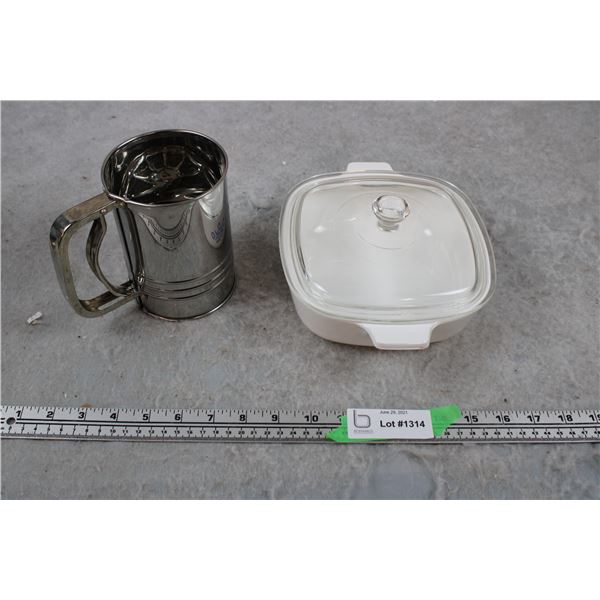 Corningware 4cup 8"  Blue Flower Oven Dish with lid + Vintage Flour Sifter