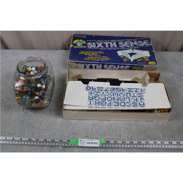 Fish Bowl of approx 200 Vintage Marbles + sixth sense board game