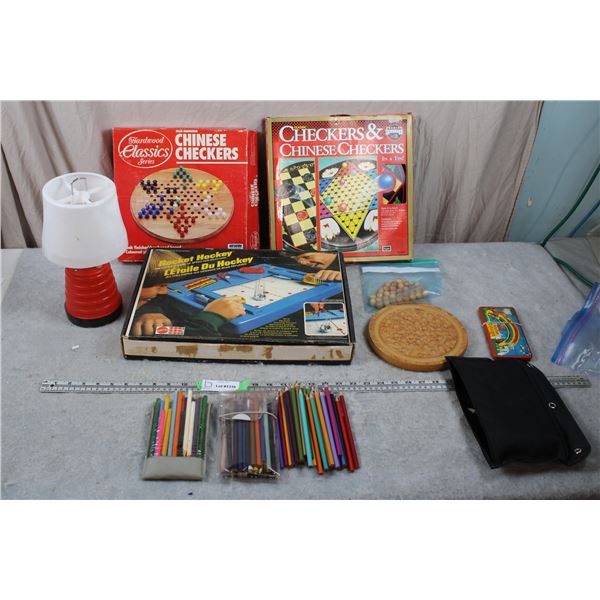 Board Games - Rocket Hockey, Chinese Checkers, Solitare/wood marbles, Pencil Crayons 6v camp lite