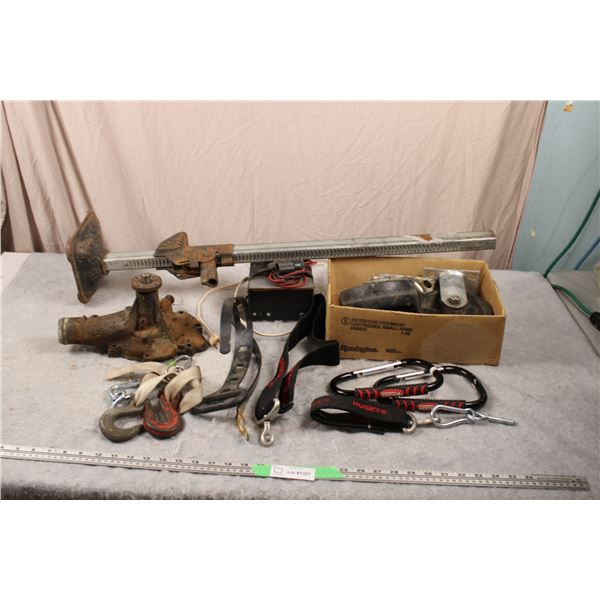 Used water pump + tire jack, Castor Wheels - Husky carabiner clips, misc