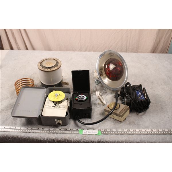 Vintage Outdoor Timers, portable mini-air compressor + Red Bulb Heat Lamp