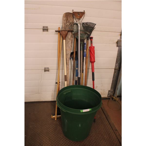 Lot of Garden Items Rakes Extension Broom Boat Oars Garbage Can