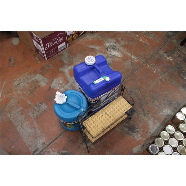 2 Watering Containers and Small Shelf