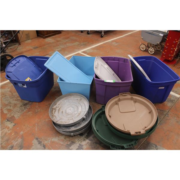 4 Totes with Lids with Misc Lids Some Metal Some Plastic