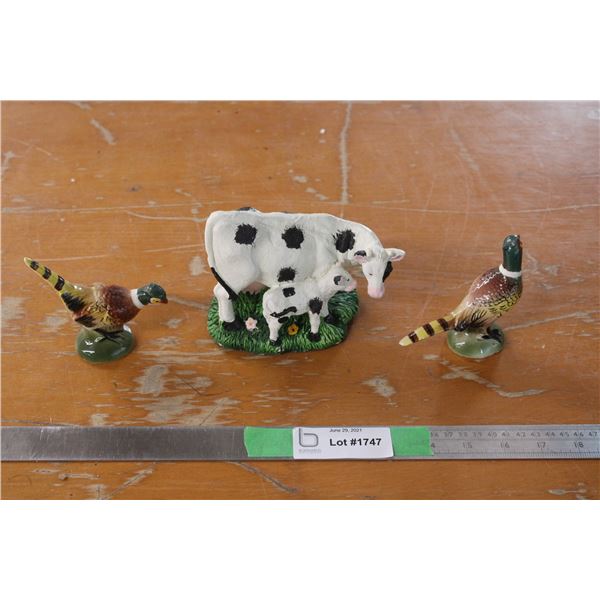 2 Pheasants and Cow Figurine