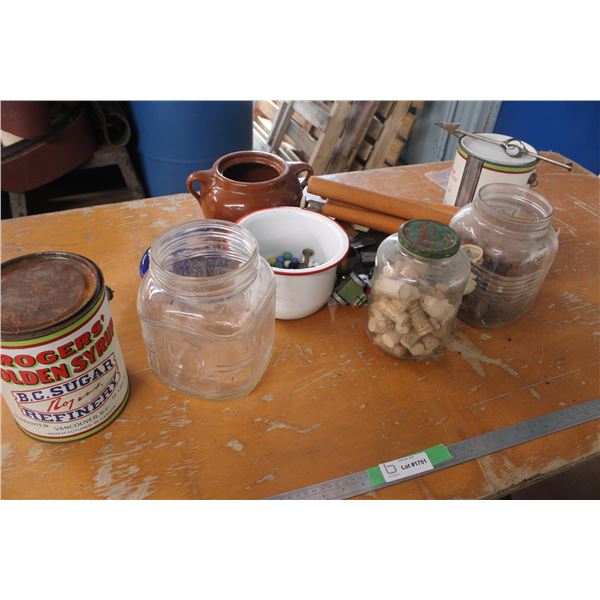 Marbles Enamel Bean Lot Rogers Syrup Pail and Misc Items