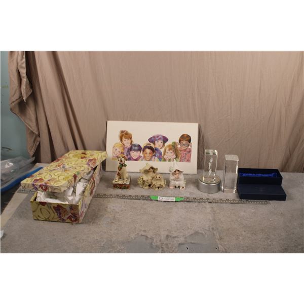 Crystal Art Deco + Gnome figurines with "Jim Shore" Dog figure + picture