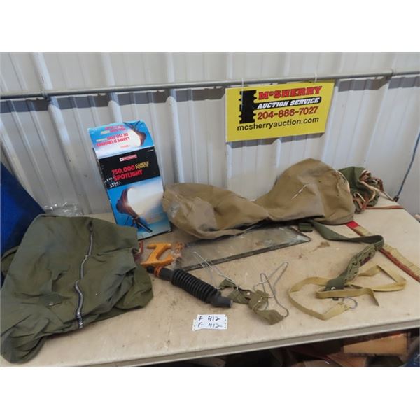 (F) Military Duffle Bag, Meat Saw, Ammo Belt, Dead Duck Carrier, Goose Call, Spotlight
