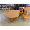 Image 1 : Oak Double Pedestal Table w 2 Leaves But only 3 Chairs - Table is 42" x 60" plus 18" x 2 Leaves
