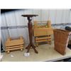 Image 1 : Pedestal Stand, 2 Folding Wood Stands, & Basket