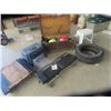 Image 1 : Wood Chest, Odds & Ends Tools, Safety Helmet, Ext Cord, Creeper, Furniture Dolly, Tire 185 65 R 15, 
