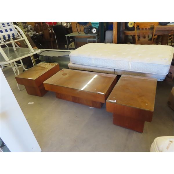 Teak 3 Pc Coffee & 2 End Tables- Coffee Table is 16"x 24" x 45", End Tables 18" x 30" x 20" All W Gl